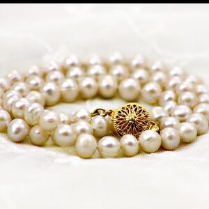 18”white freshwater pearl Vintage style  filigree box clasp in 14K gold filled.